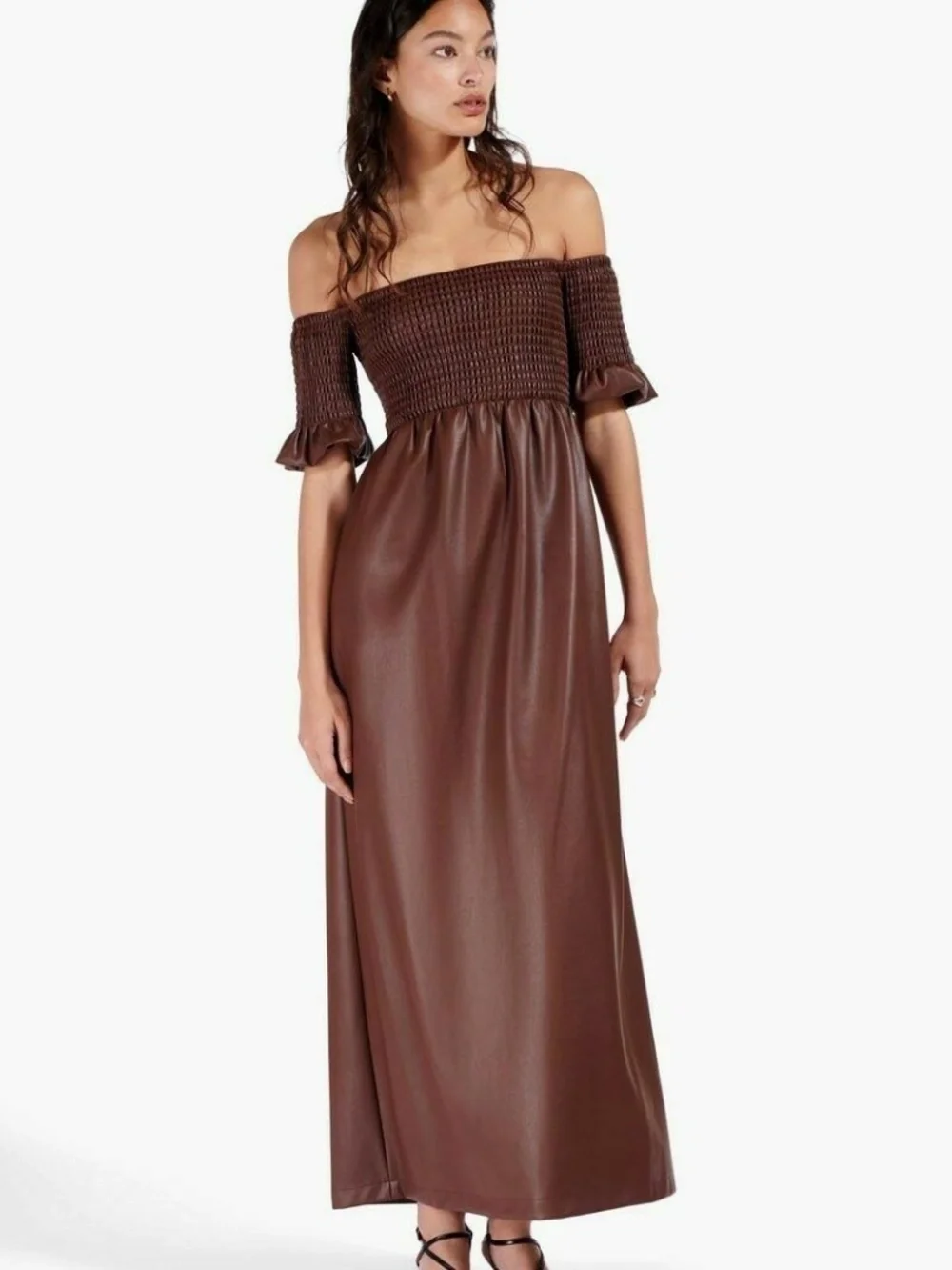 STAUD | Mae Off-The-Shoulder Vegan Leather Maxi Dress in Bark | Size XS